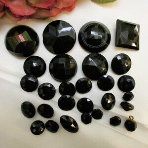 ANTIQUE Faceted French Jet Buttons: VICTORIAN Edwardian Black Glass Button Lot